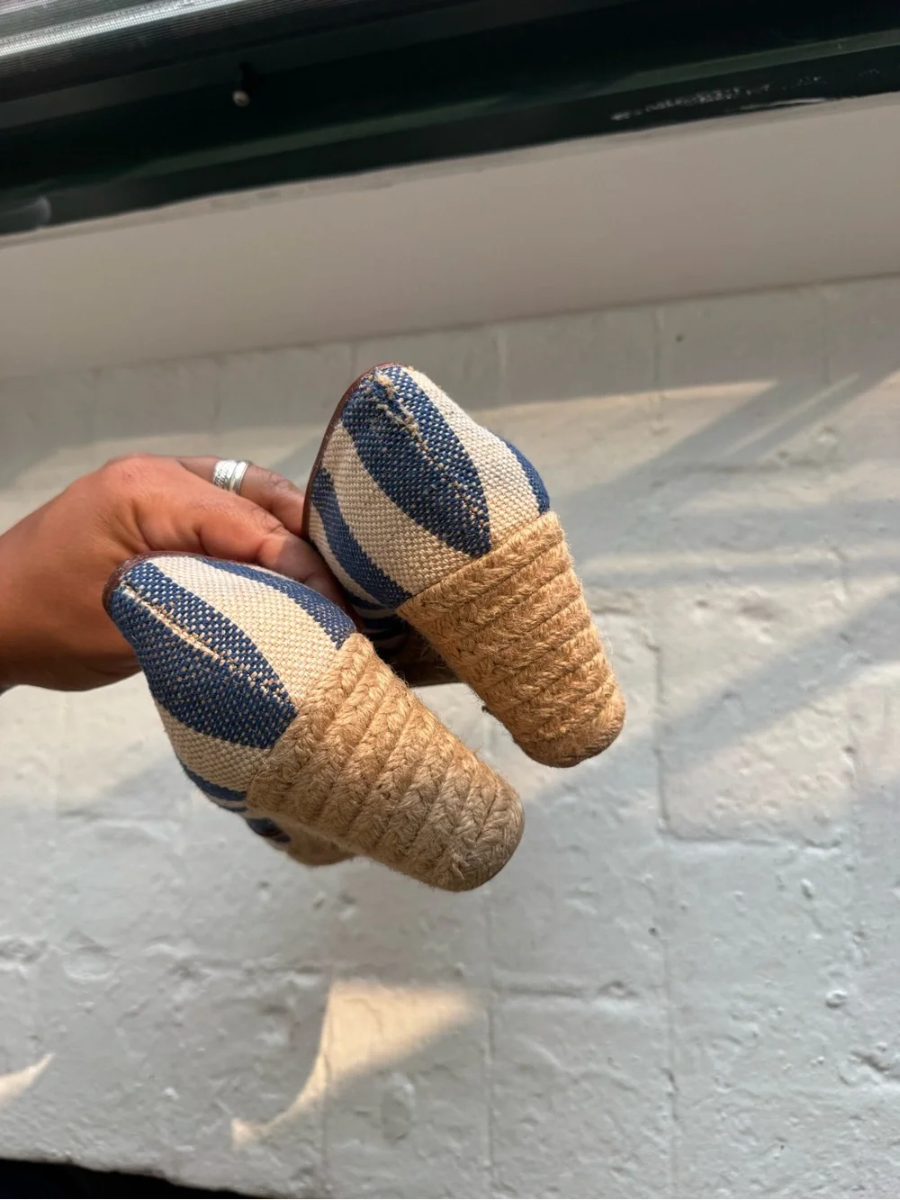 Striped Navy and Cream Espadrille Wedge Peep-Toe Heels